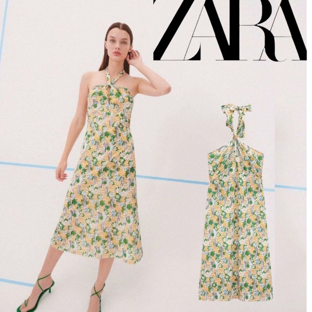 NWOT $98 Zara Beautiful Summer Floral Halter Midi Dress Sz L